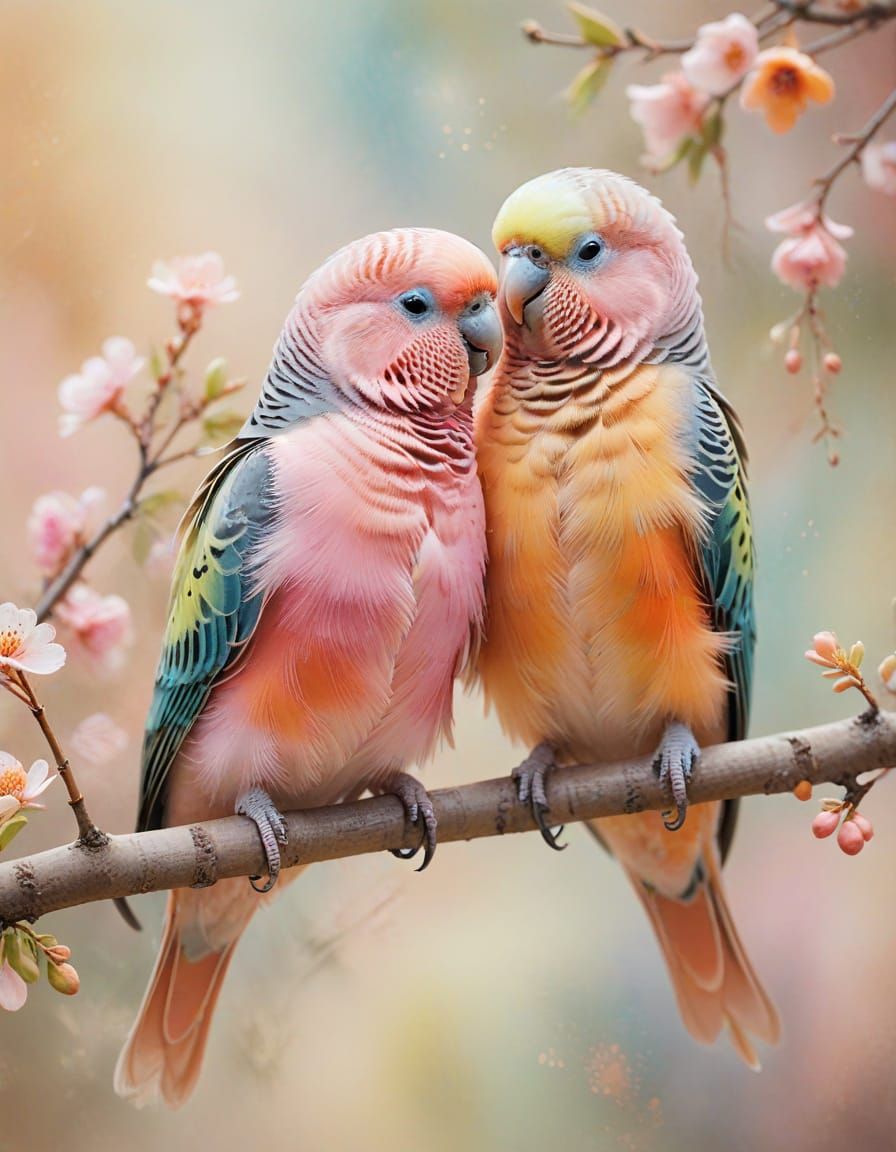 Impressionist Budgies in Soft Pastel Hues
