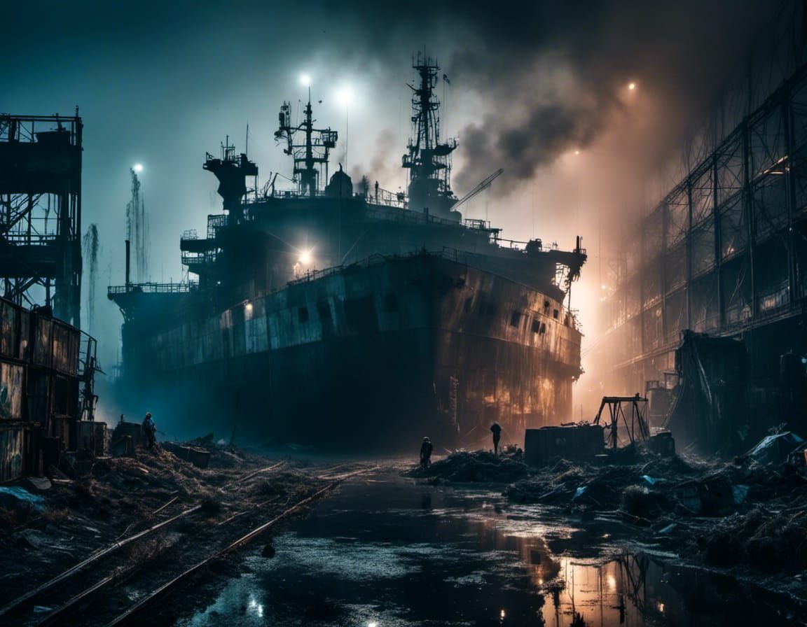 Abandoned Shipyard at Night in Hyperrealistic Style