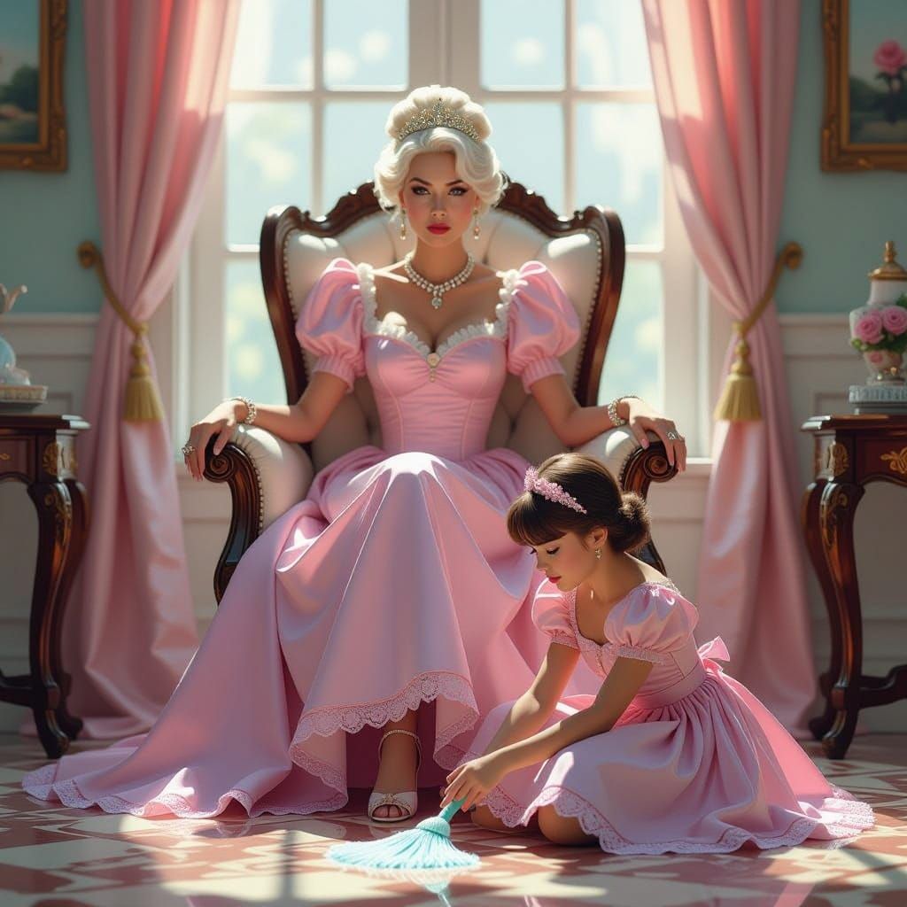 Regal Lady Condescends to Servant in Intricately Detailed Po...