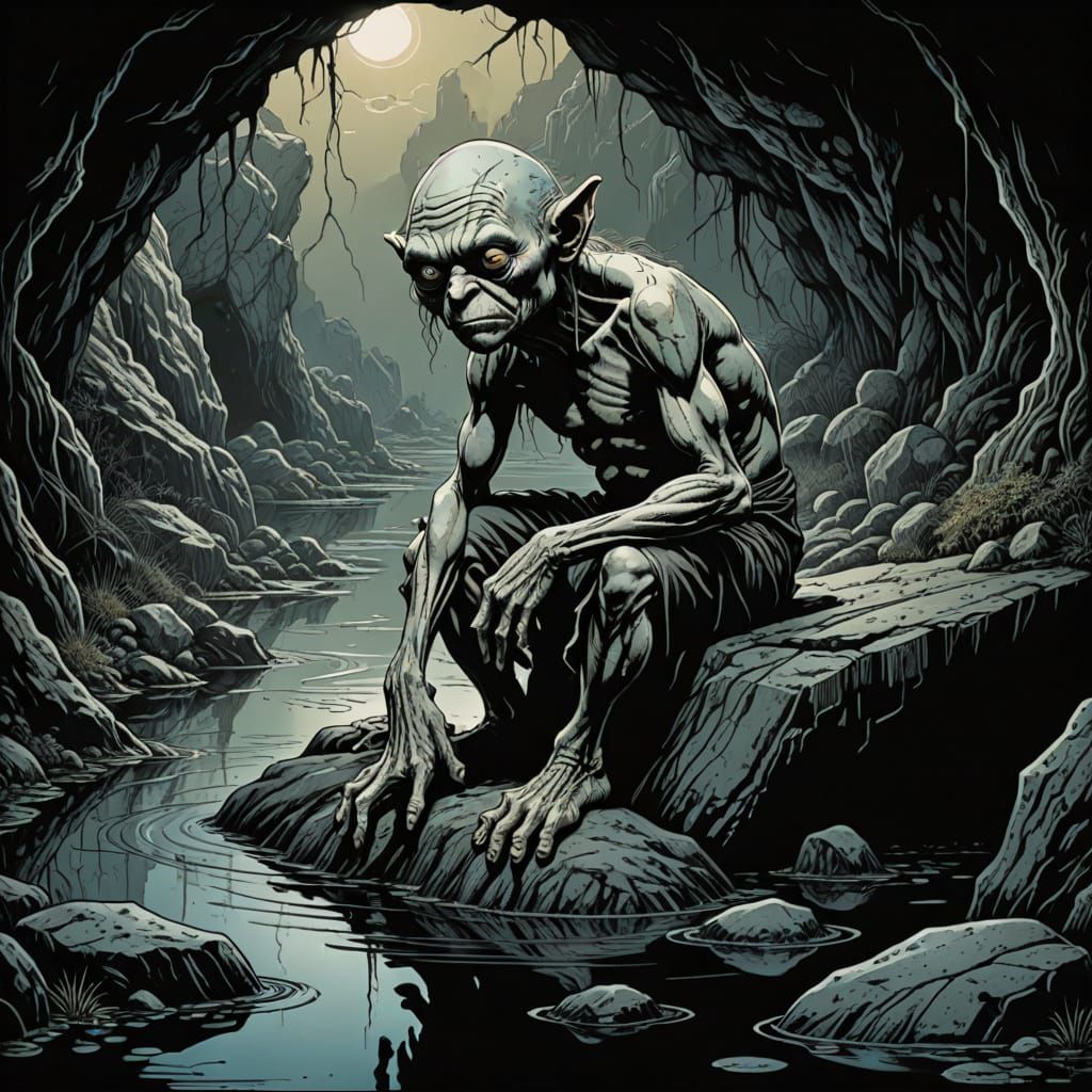 Surreal Dark Fantasy Scene in Moody Etching Style