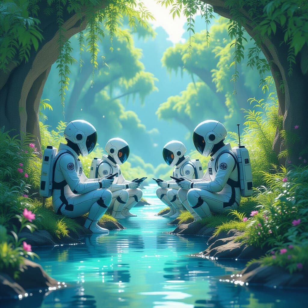 Serene Alien Oasis with Muslim Explorers, Anime Key Visual