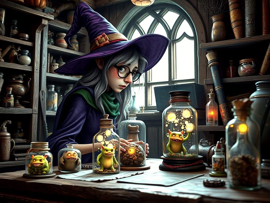 Enchanted Medieval Witch's Lair in Whimsical Fantasy Style