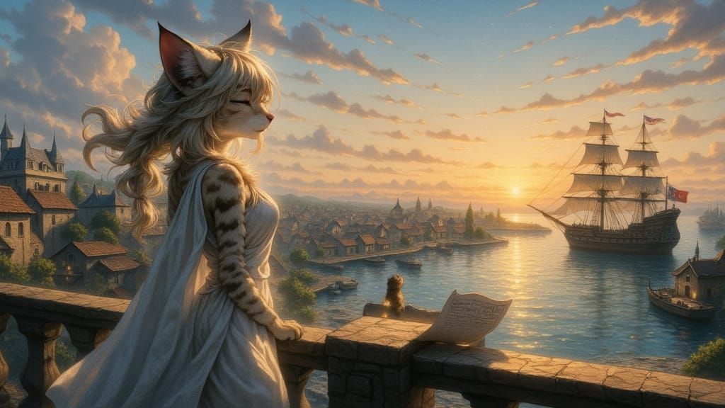 Catgirl Overlooking Fantasy Harbor City as Ink Painting