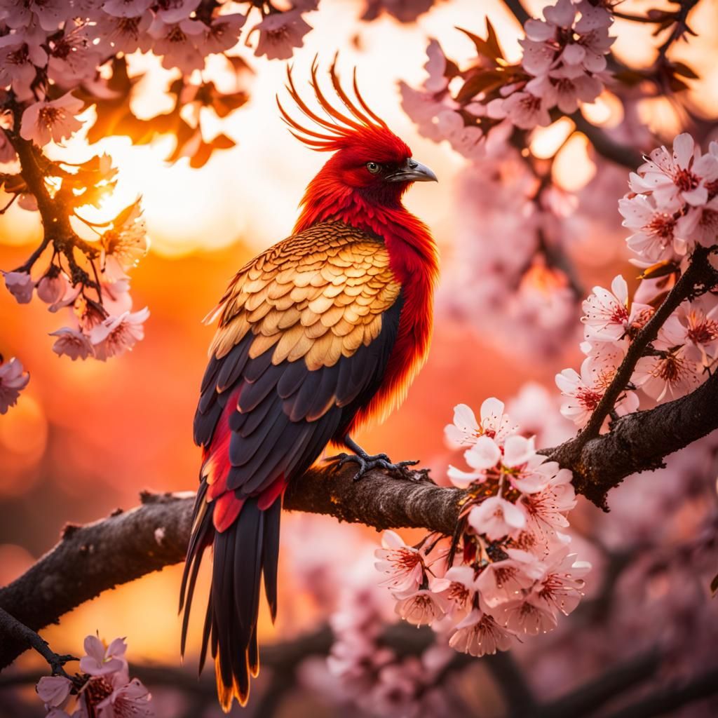 Fiery Phoenix in Sakura Tree at Sunset