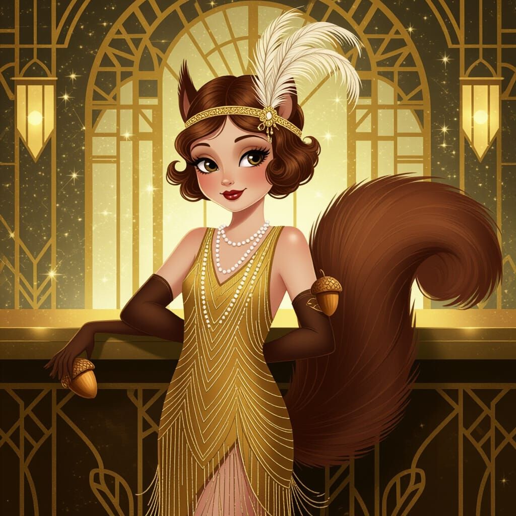 Art Deco Squirrel Girl in Gold Flapper Dress
