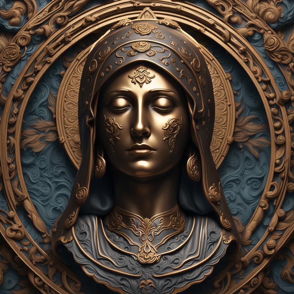 Virgin Mary Metal Carving in Detailed Matte Style