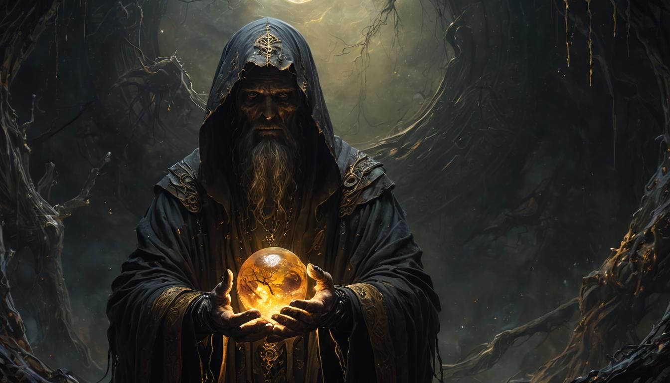 Dying God Holds Last World: Dark Fantasy Oil Painting