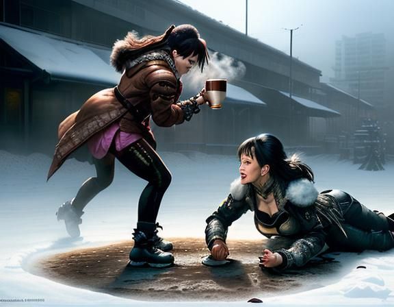 Women Fighting at Dawn in Airbrush Style