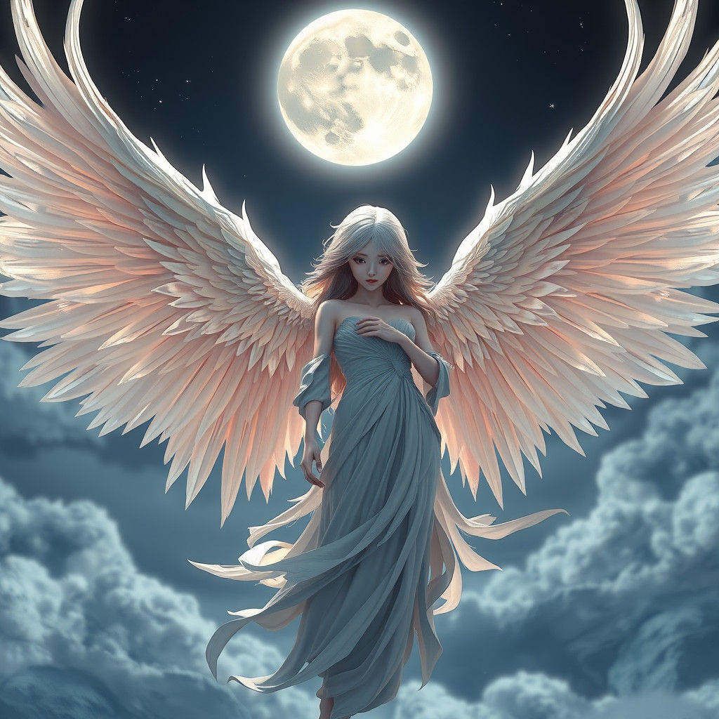 Anime Moon Angel with Feathered Wings in 3D