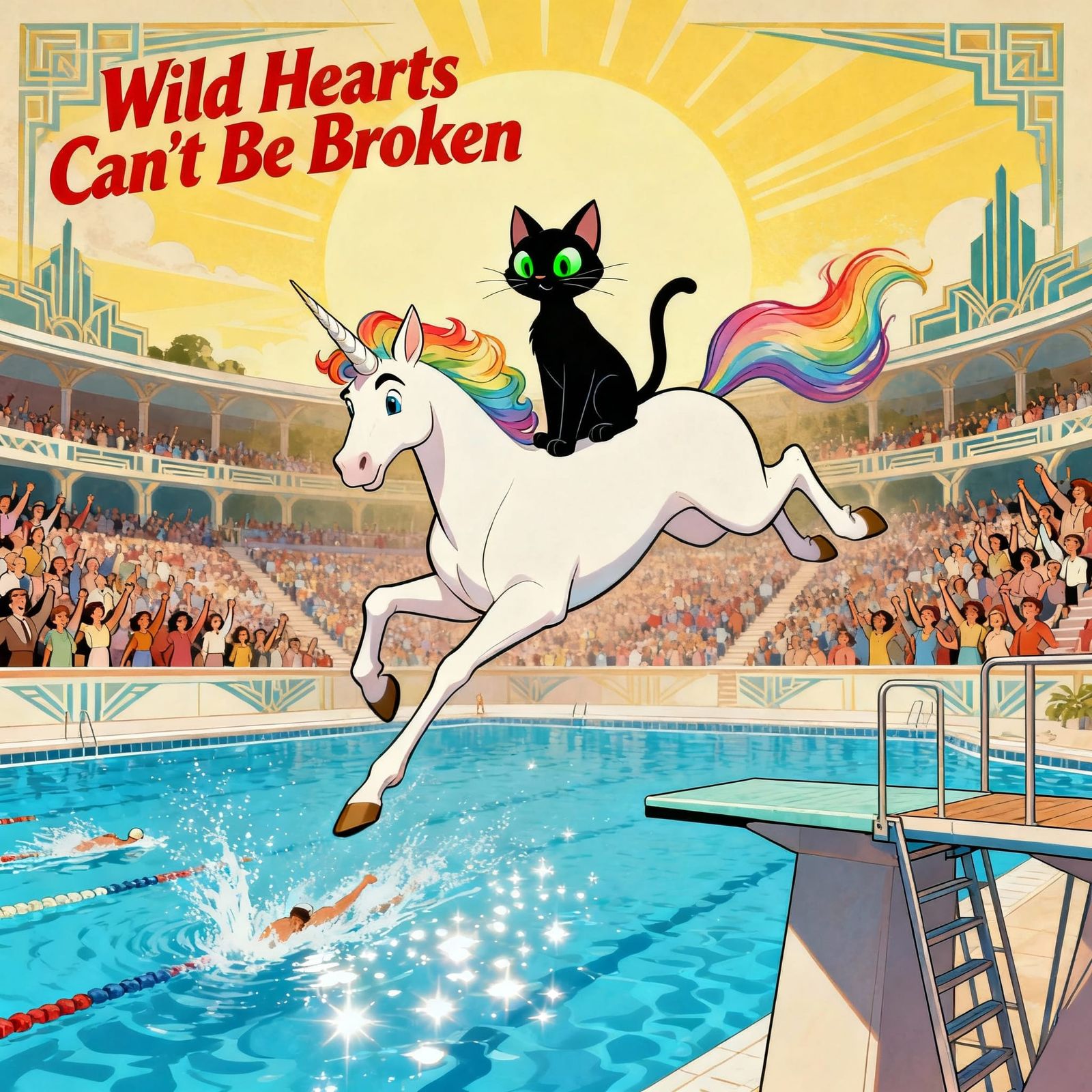 Cat Riding Unicorn Movie Poster in Retro Animation Style