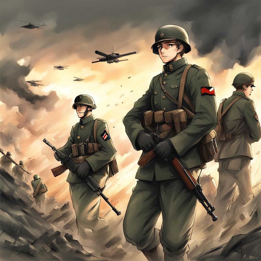 German Soldiers in War: Anime-Style Illustration