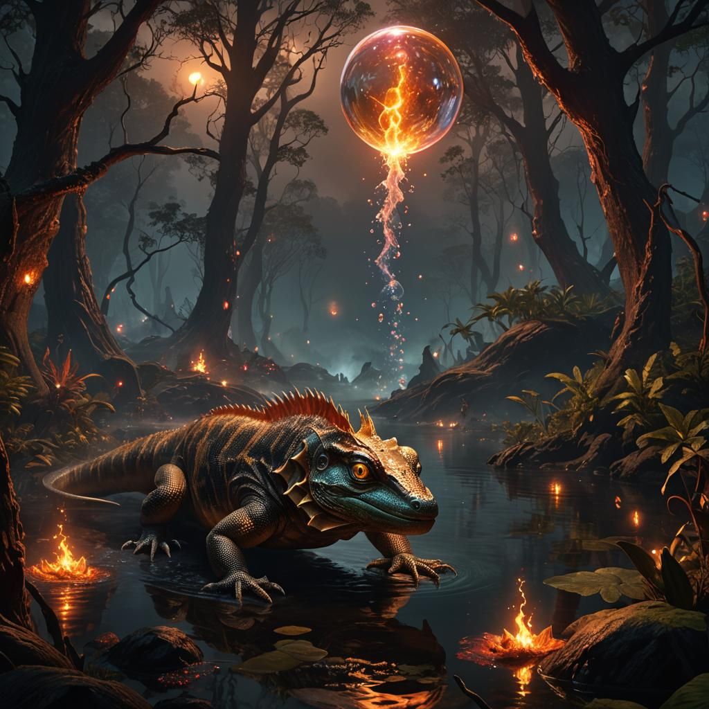 Lava Lake Lizard and Fire Minotaur: Dark Fantasy