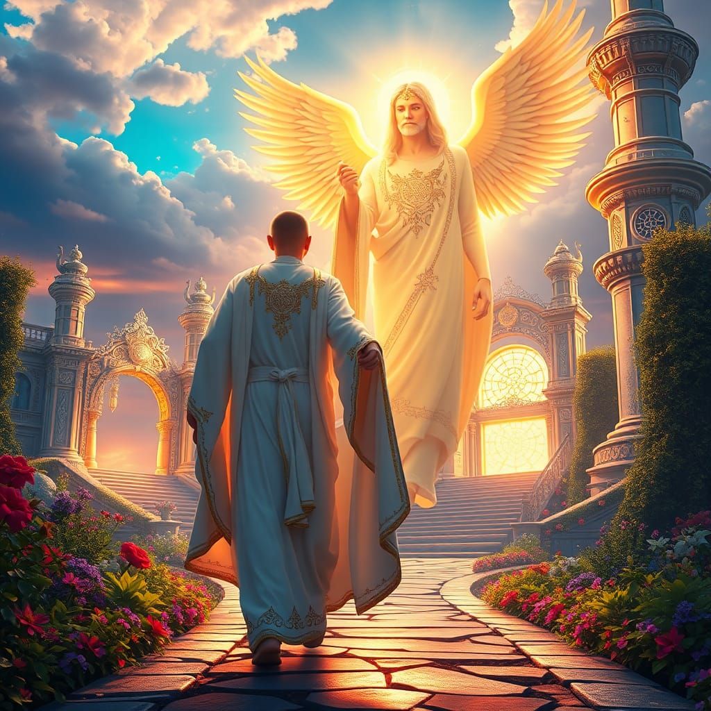 Enoch's Heavenly Ascent in Dreamlike Landscape