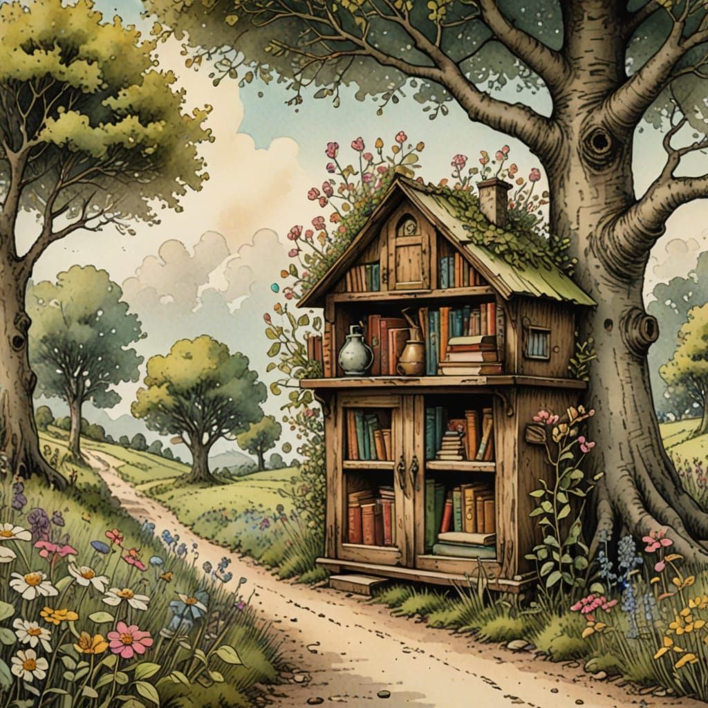 Whimsical Country Lane Library in Impressionist Style