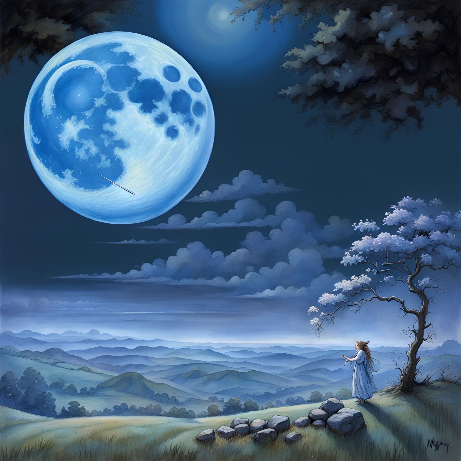 Fantasy blue moon and landscape,   Fairies By mary cicily barker