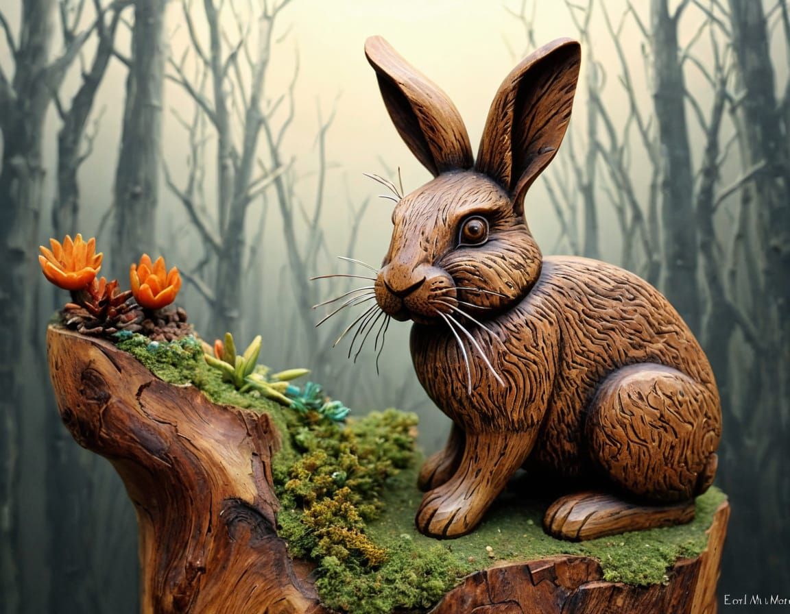 Detailed Rabbit Wood Carving