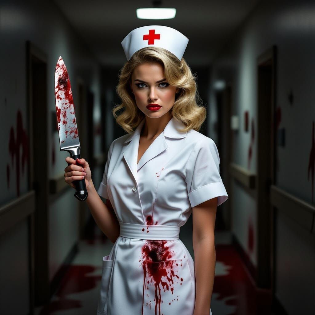Angry Nurse with Bloody Knife in Vintage Photo
