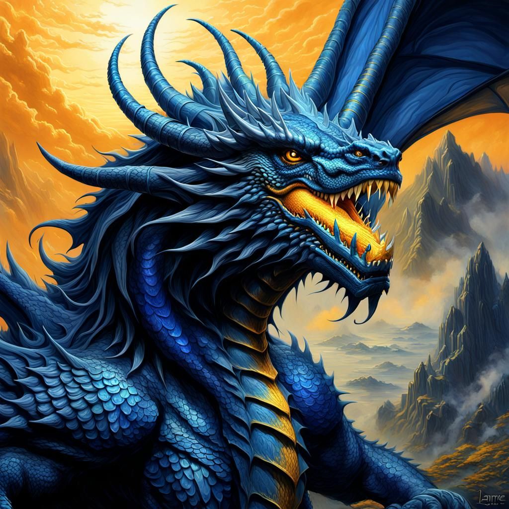 Giant Blue Dragon Portrait in High Fantasy Style