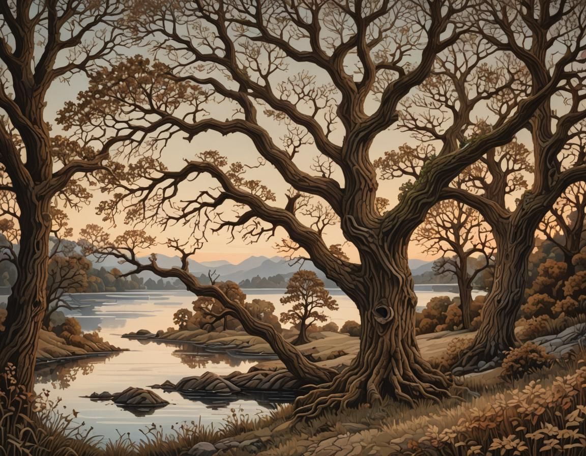 Needlepoint Landscape with Lake and Oak Trees