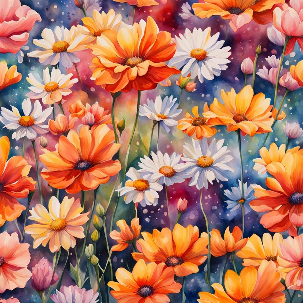Blooming Flower Field in Watercolor Splash Art