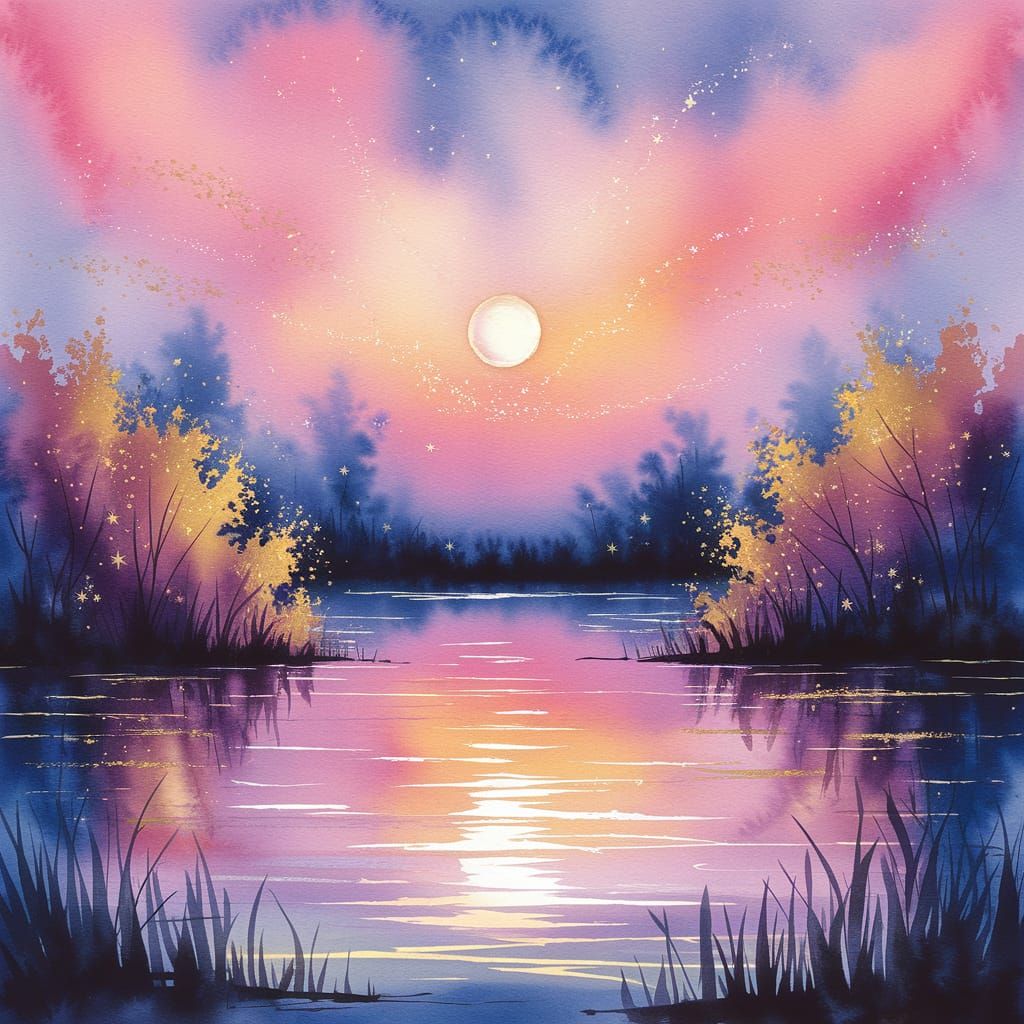 Magical Sunset Reflected in Lake: Watercolor Painting