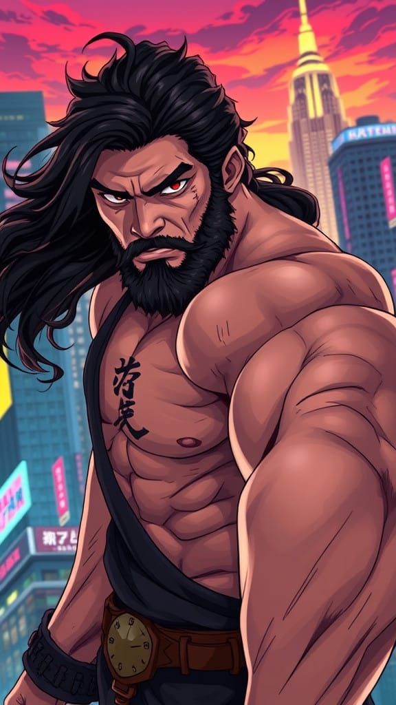 Rugged Anime Hero Unleashes Fury in Neon City