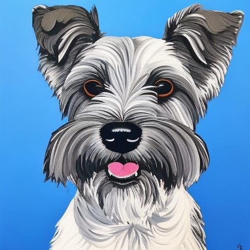 Schnauzer Puppy Portrait in Maximalist Gouache Style