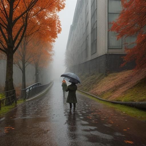 Woman Walks on Rainy Bridge: Hyperrealistic Autumn Scene