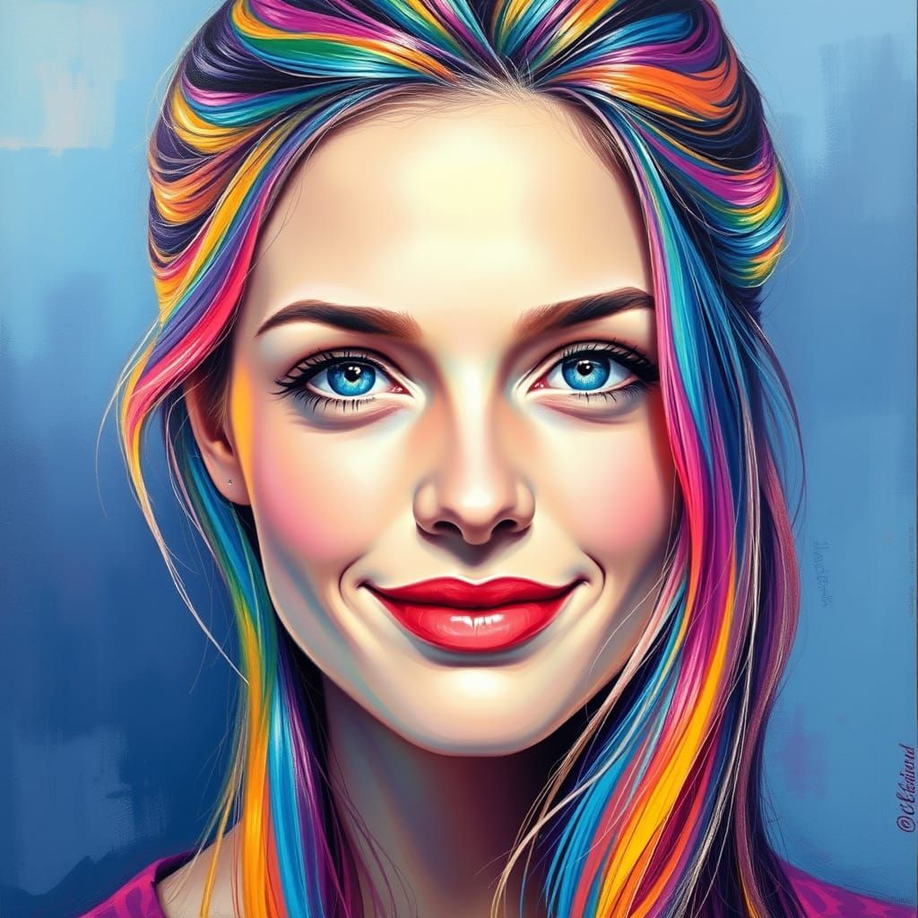 Gentle Woman with Iridescent Hair in Vibrant Oil Painting St...
