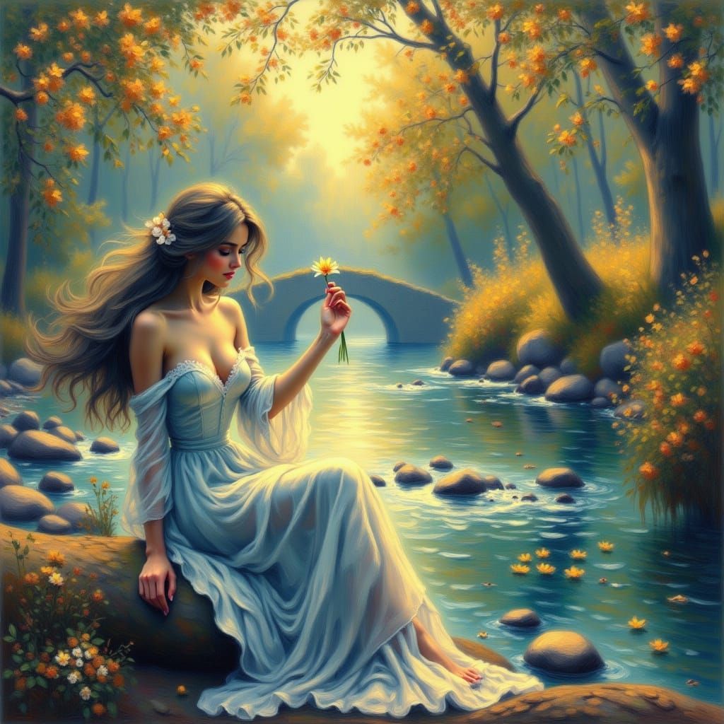 Dreamy Woman by River in Impressionistic Style