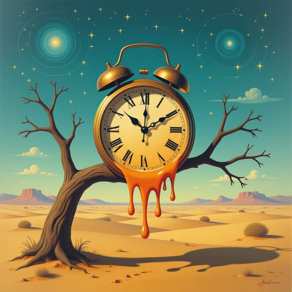 Surreal Melting Clock in Dreamlike Desert Landscape