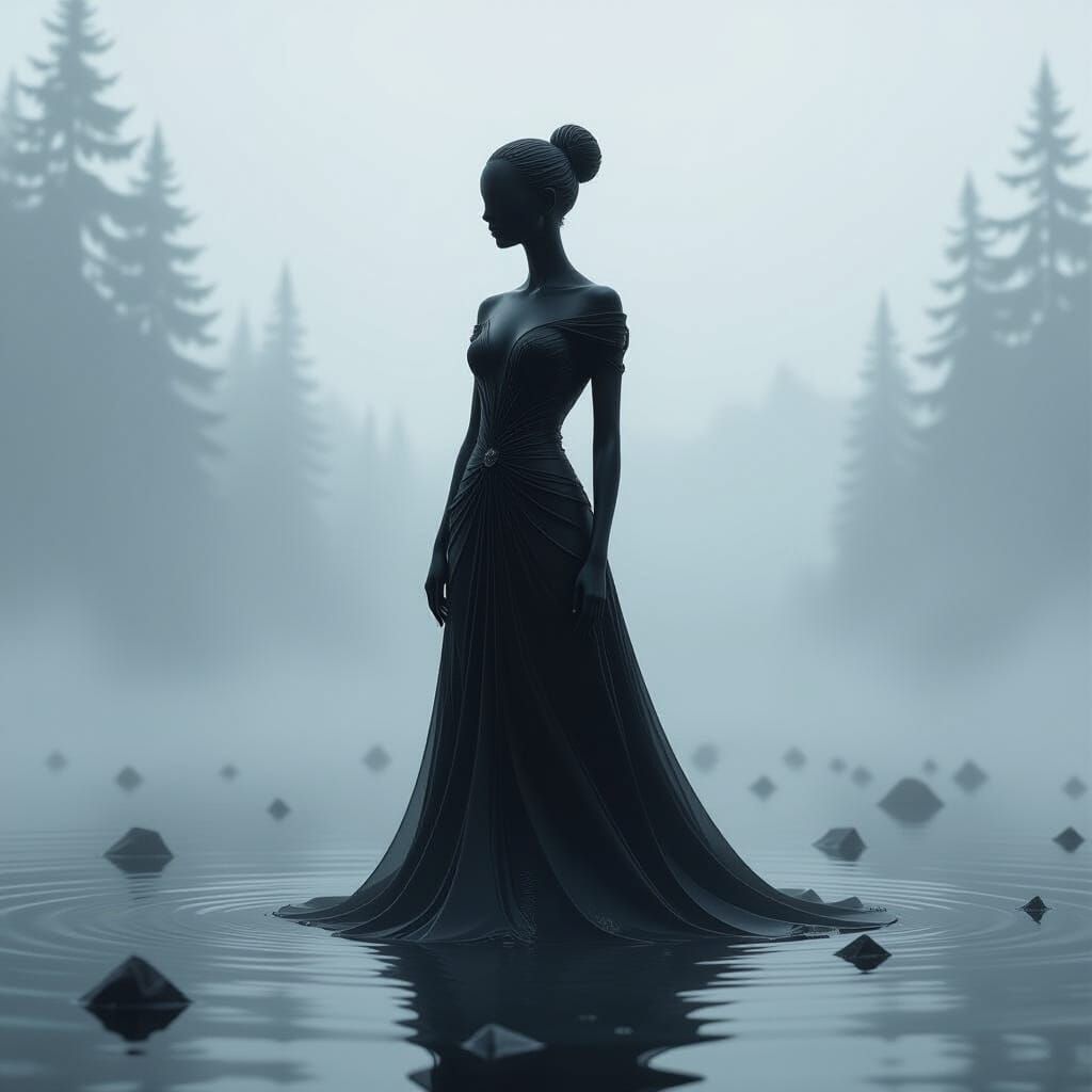 Shattered Glass Figure in Ethereal Landscape