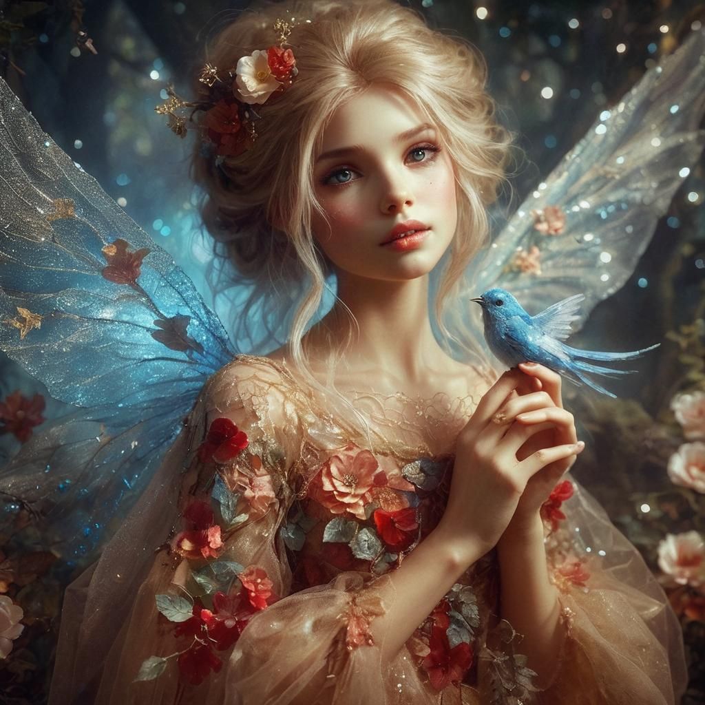 Night fairy with blue bird