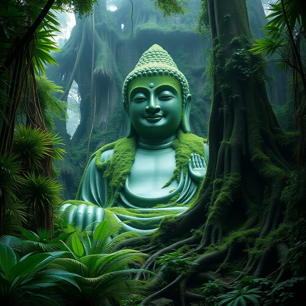Emerald Buddha Statue in Tropical Rainforest