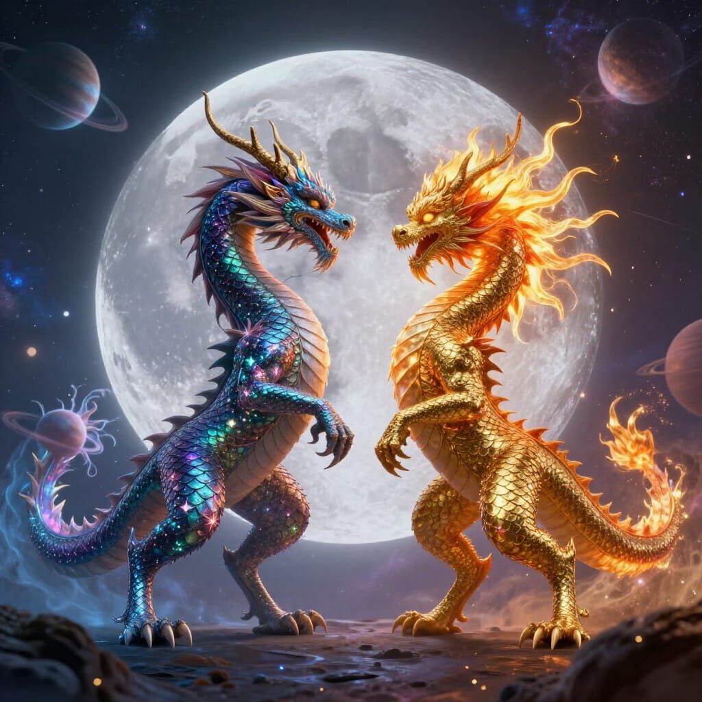 Cosmic Dance of Moon and Sun Dragons