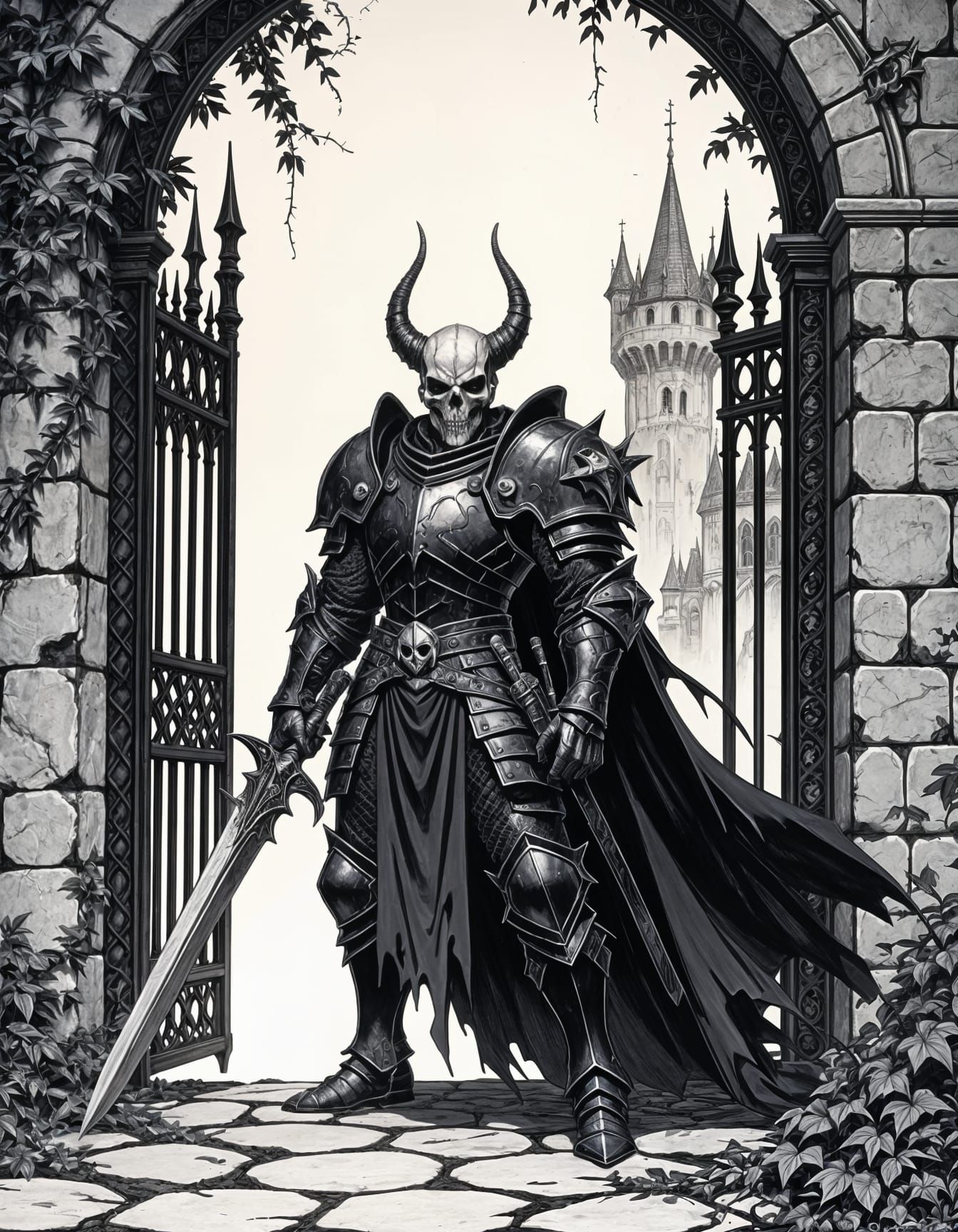 Dark Paladin with Dragon Skull in Pen and Ink