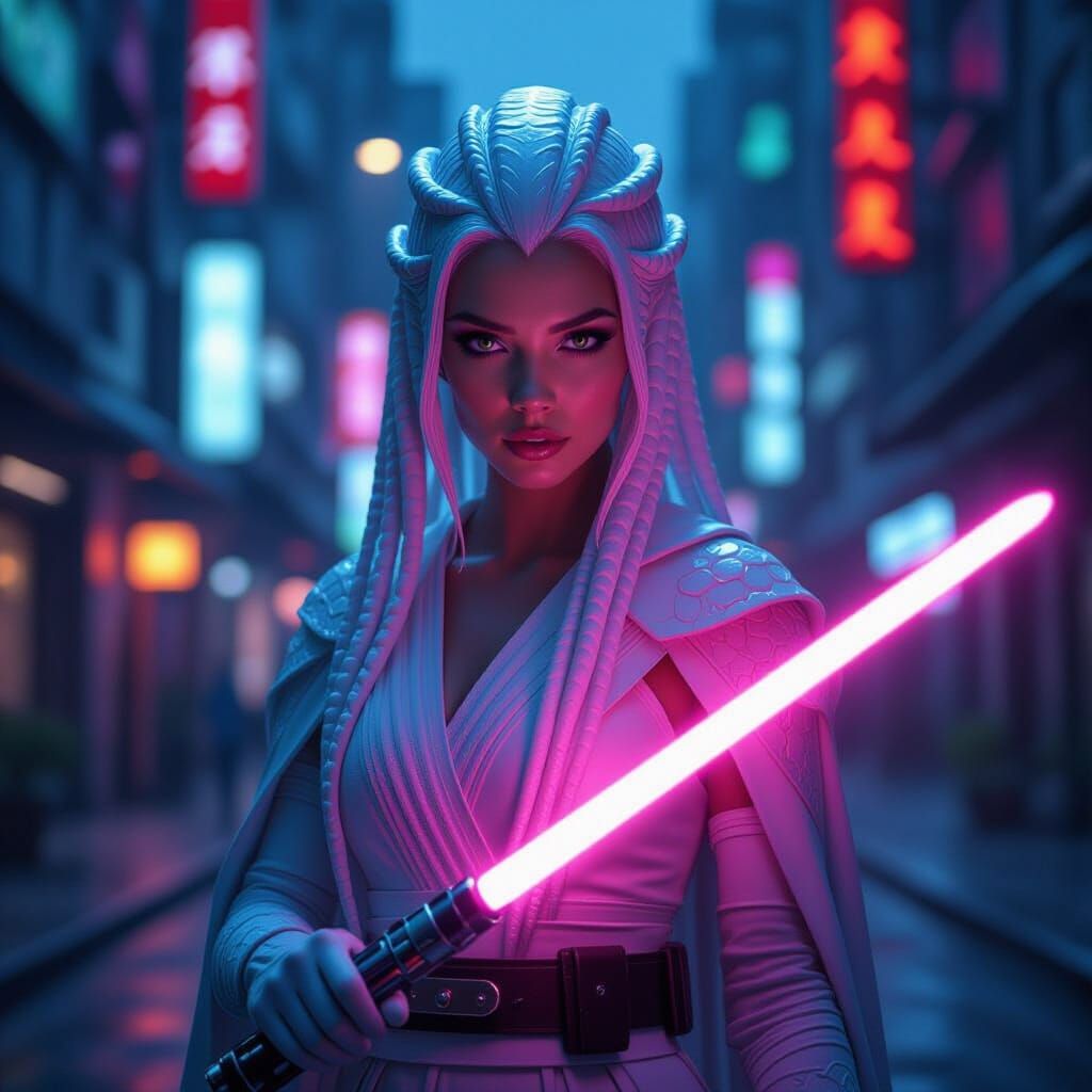 Alien Jedi Knight Wields Lightsaber in Neon City
