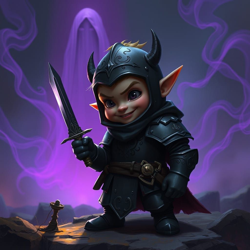 Mysterious Halfling in Dark Armor Confronts Enigmatic Figure