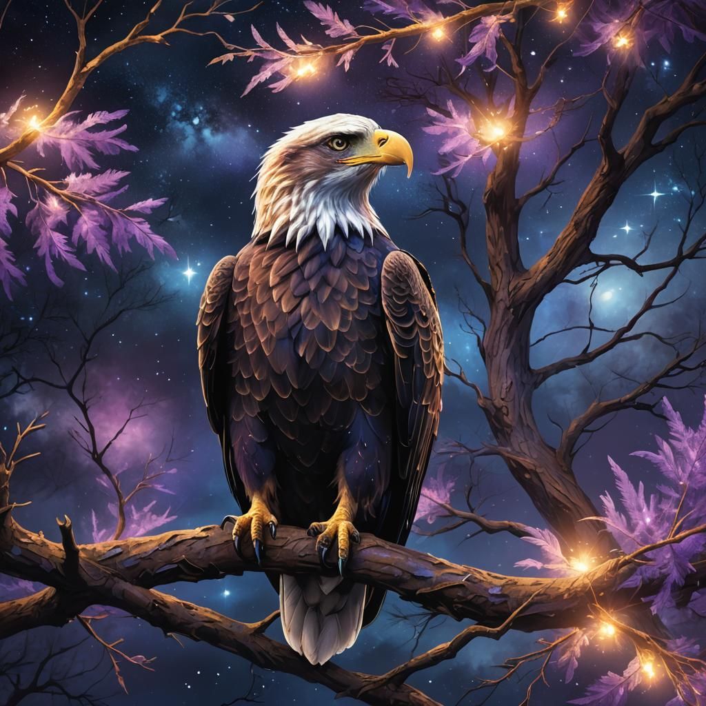 Glowing Eagle Perched on Mystical Branch in Digital Art