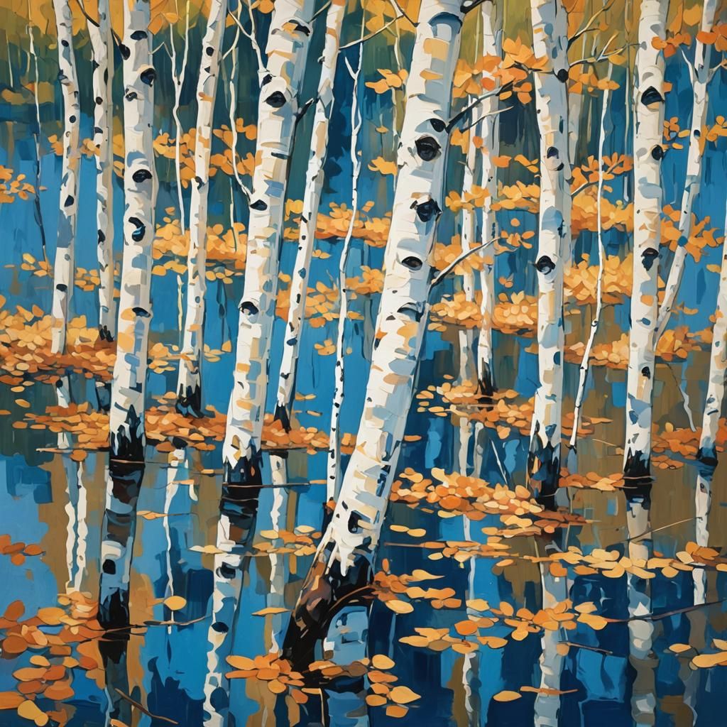 Aspen Trees Reflected: Abstract Expressionist Lake Scene