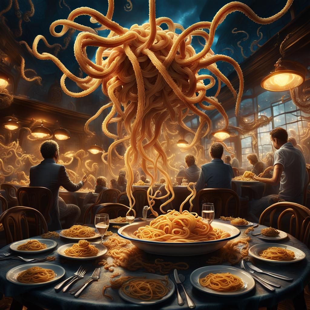 Spaghetti Monsters Attack a Baroque Restaurant
