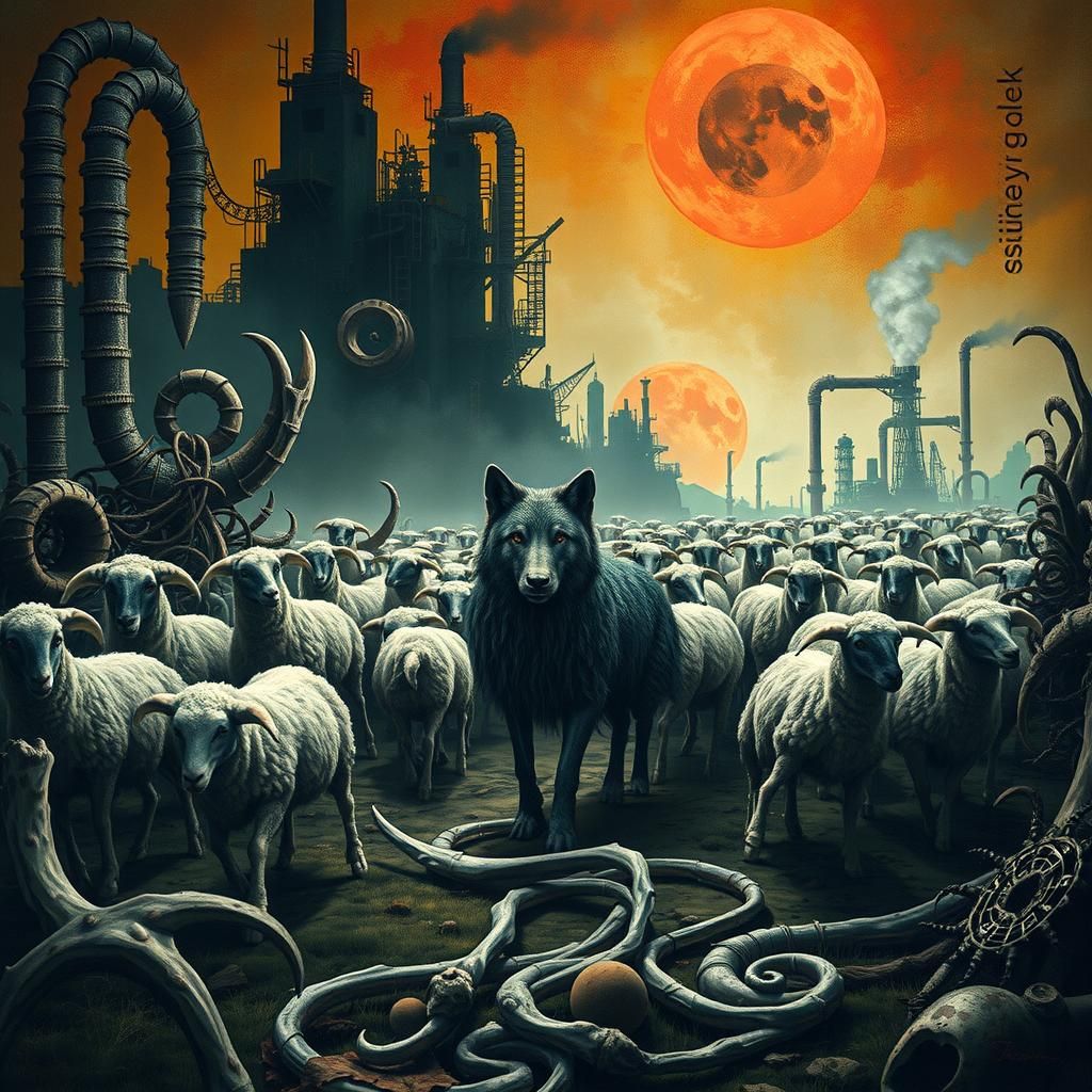 Surreal Wolf Leading Sheep to Slaughter