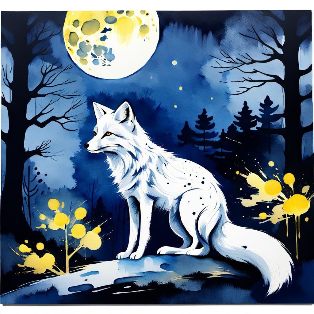 White Fox Under Moon in Japanese Sumi-e Style