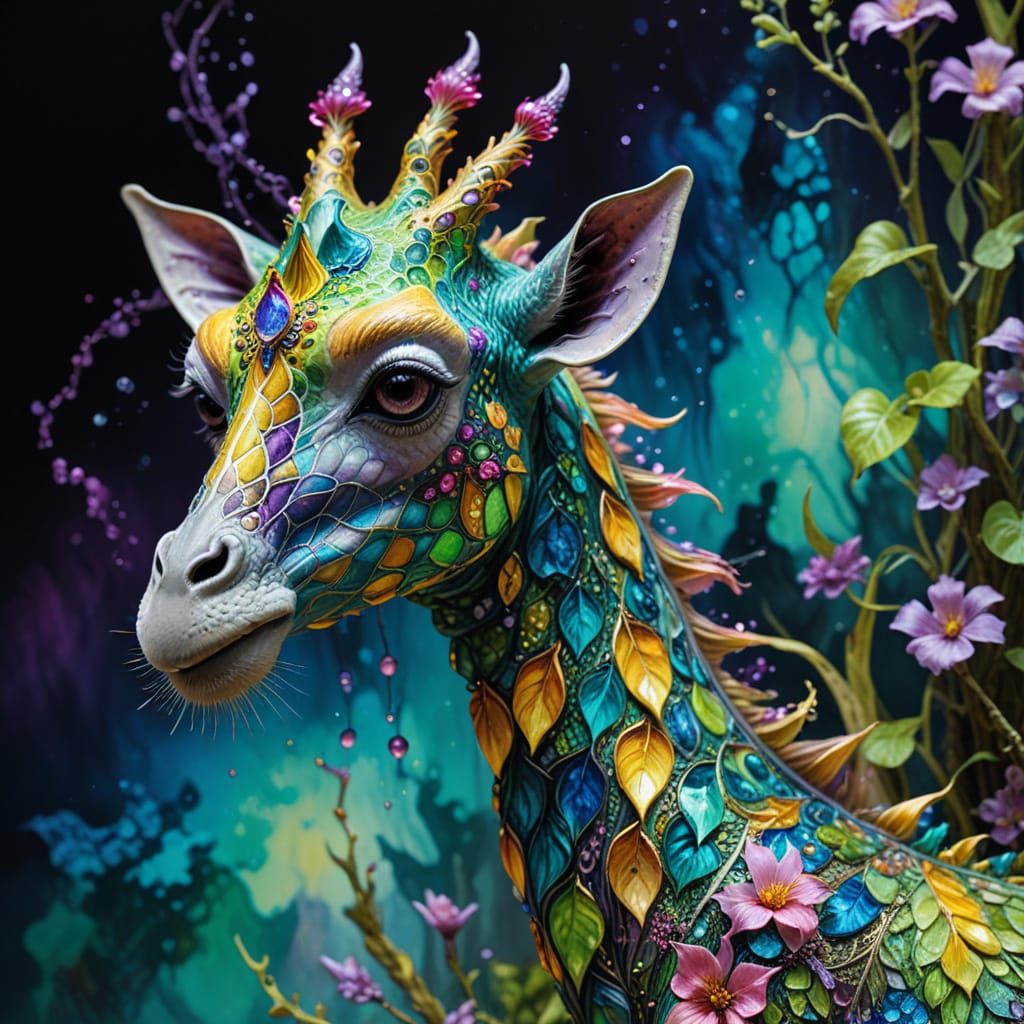 Surrealistic Giraffe with Glowing Thai Pattern Scales
