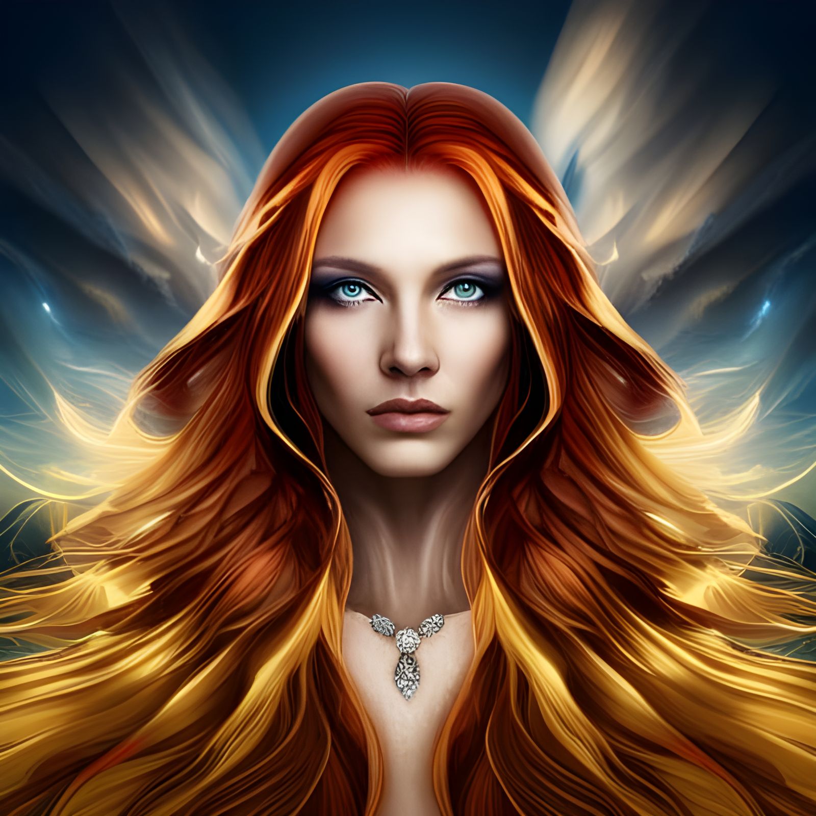 Red-Haired Woman with Diamonds in Sky, Fantasy Art