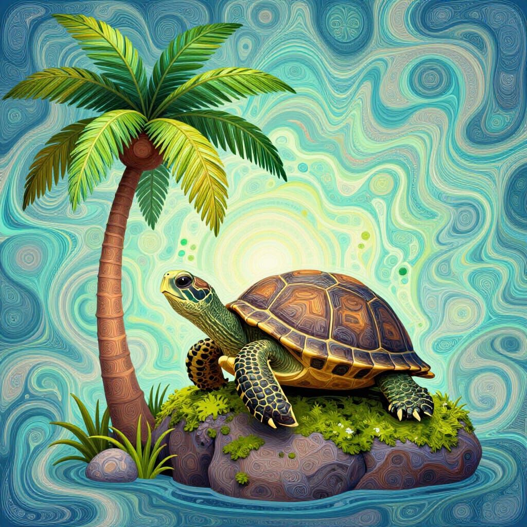 Abstract Vector Art of a Turtle by a Palm Tree