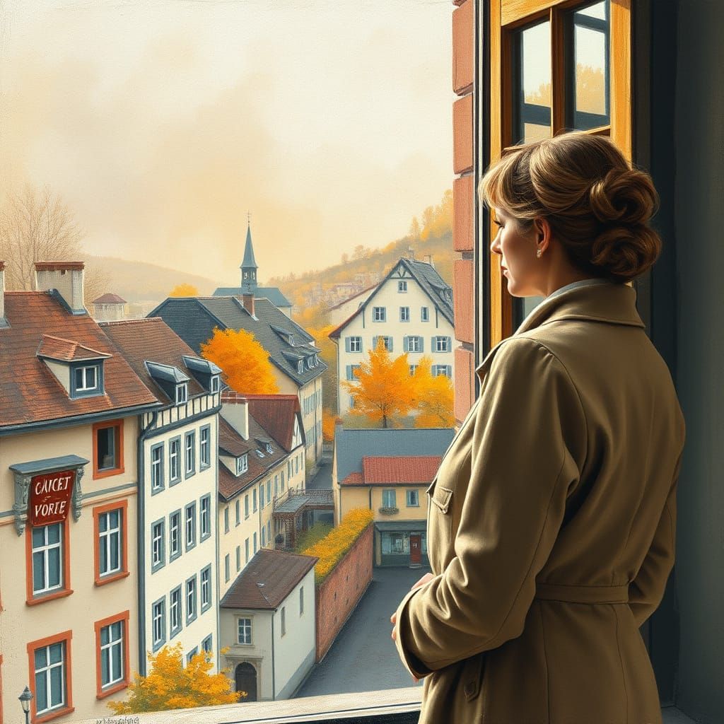 Woman Contemplates Autumn Landscape from Window