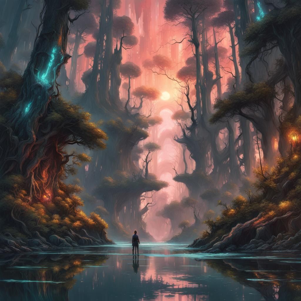 Cyberpunk Sun Illuminates Fantasy Forest, Borderland Artwork
