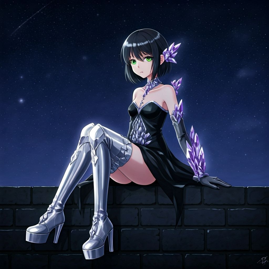 Girl in Shadow Crystal Dress Under Starry Sky