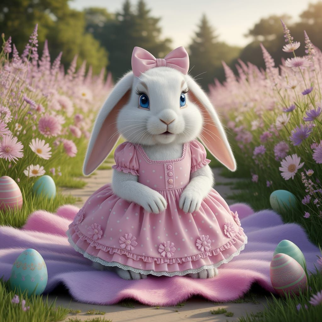 pure white bunny with long ears and blue eyes